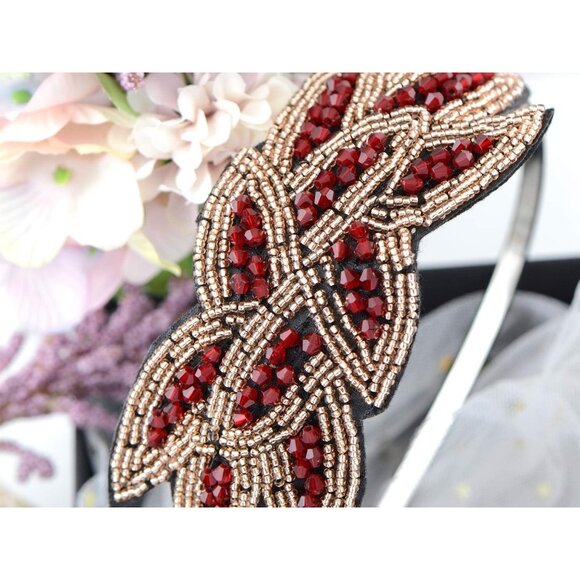🆕 Women Red Vintage Floral Leaf Flapper Headband High Quality Soft Polish Bead - Picture 3 of 7